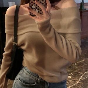Like New Off-Shoulder Beige Tan Sweater